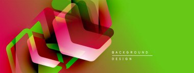 Soyut geometrik şekiller örtüşüyor, canlı renk eğimleri yaratıyor. Yeşil sağ tarafı, kırmızı solu domine ediyor. Modern tasarım ögesi.