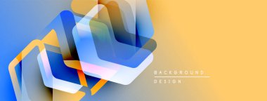 Soyut geometrik şekiller örtüşür, dinamik görsel efekt yaratır. Mavi, turuncu, sarı renkler düzgün bir şekilde harmanlanır. Modern tasarım ögesi.