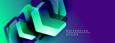 Soyut geometrik şekiller örtüşür, canlı bir değişim etkisi yaratır. Turkuaz, mor renkler modern estetiği öne süren tasarımın hakimi..