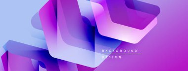 Soyut geometrik şekiller örtüşüyor, canlı mor ve mavi renkler yaratıyor. Modern tasarım elementleri akıcılık ve derinlik öneriyor.