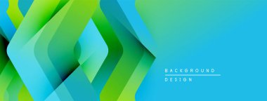 Soyut geometrik katmanlar canlı bir değişim etkisi yaratır. Mavi, yeşil renkler kompozisyona hakim, modern tasarımı gösteriyor..