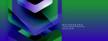 Soyut geometrik şekiller örtüşür, canlı gradyanlar yaratır. Modern tasarım mavi, mor, yeşil renklere sahiptir. Metin arkaplan tasarımı okur.