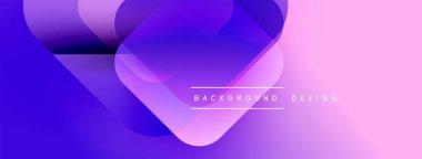 Soyut gradyanlar mor, pembe renkleri harmanlarlar. Üst üste binen şekiller dinamik görsel efekt yaratır. Minimum metin mevcut, modern tasarım estetik.