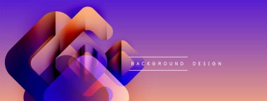 Soyut geometrik şekiller örtüşür, canlı bir değişim etkisi yaratır. Mor, turuncu renkler kompozisyona hakim. Modern tasarım ögesi.