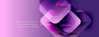 Soyut geometrik şekiller üst üste binerek canlı mor gradyan oluşturur. Metin arka plan tasarımı okur. Modern, şık görsel sunum.