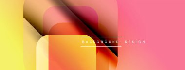 Soyut geometrik şekiller örtüşüyor, canlı renk eğimleri yaratıyor. Sarı, turuncu, pembe renkler kompozisyona hakim. Modern tasarım ögesi.