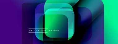 Soyut geometrik şekiller örtüşür, canlı gradyanlar yaratır. Mor, yeşil renkler tasarımda baskın, modern estetik. Metin arkaplan tasarımı okur.
