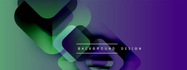 Soyut geometrik şekiller örtüşür, canlı gradyanlar yaratır. Mor, yeşil renkler tasarıma egemen, modern estetik.