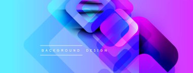 Soyut geometrik şekiller örtüşür, parlak mavi ve mor renkler yaratır. Modern tasarım elementleri dijital sanat ve teknoloji odaklı.