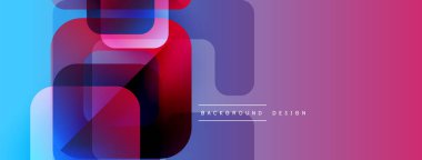 Soyut geometrik şekiller örtüşüyor, canlı renk eğimleri yaratıyor. Pembe, mor, mavi renkler dizaynda baskın. Modern estetik.