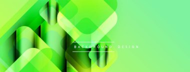 Soyut yeşil tasarım özellikleri üst üste binen yuvarlak kareler. Gradyan gölgeler derinlik yaratır, modern estetik. Minimalist tarz, canlı renkler.