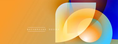 Soyut arkaplanda canlı turuncu, mavi, sarı şekiller var. Üst üste binen eğriler modern tasarım, pürüzsüz eğimler oluşturur.