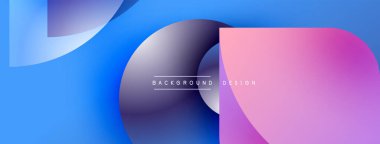 Soyut şekiller örtüşüyor, parlak mavi ve mor renkler yaratıyor. Modern tasarım elementleri dinamik görsel deneyim önerir.