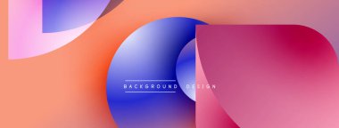 Soyut geometrik şekiller örtüşür, canlı gradyanlar yaratır. Turuncu, pembe, mavi renkler tasarımda baskın. Modern estetik, temiz çizgiler sunar.