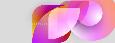 Soyut şekiller örtüşüyor, canlı gradyanlar yaratıyor. Pembe, turuncu, sarı renkler açık gri arkaplana hakim. Modern tasarım ögesi.