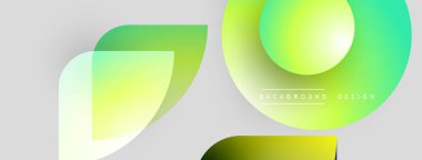 Soyut şekiller örtüşüyor, canlı gradyanlar yaratıyor. Açık yeşil, sarı renkler nötr arkaplana hakim. Modern tasarım ögesi.