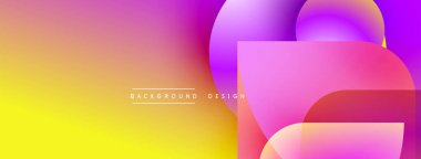 Canlı gradyan arkaplan özellikleri üst üste binen geometrik şekiller. Pembe, mor, sarı renkler modern görsel efektler yaratır. Tasarım metin ögelerini içerir.