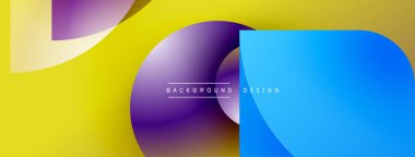 Soyut renkli şekiller çakışıyor. Sarı, mor, mavi renkler dinamik görsel efekt yaratır. Modern tasarım elemanları.