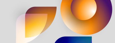 Soyut şekiller örtüşüyor, canlı gradyanlar yaratıyor. Sıcak renkler baskın, enerji, hareket, tasarım elementleri. Minimalist kompozisyon.