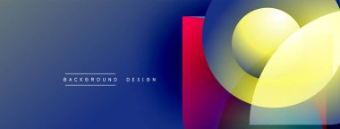 Soyut geometrik şekiller çakışıyor. Mavi gradyan arkaplan metin arkaplan tasarımı içerir. Canlı renkler modern görsel efekt yaratır.