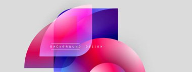 Soyut şekiller örtüşüyor, canlı gradyanlar yaratıyor. Pembe, mor, mavi renkler açık gri arkaplana karşı dizaynın baskın renkleri. Modern estetik.