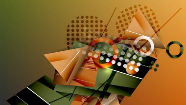 Geometrik şekiller, gradyanlar, noktalar içeren soyut bileşim. Turuncu, yeşil renkler tasarımda baskın. Modern, dinamik görsel.