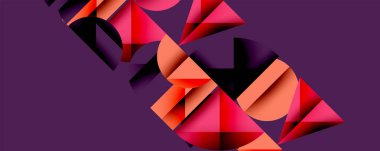 Soyut geometrik şekiller biçimlendirilmiş metni oluşturur. Pembe, turuncu renkler mor arkaplanla tezat oluşturuyor. Modern tasarım, cesur kompozisyon.