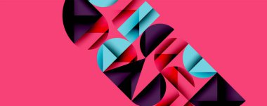 Soyut geometrik şekiller örtüşür, dinamik bileşim yaratır. Pembe arka plan mavi, kırmızı ve mor renklerle çelişiyor. Modern tasarım.