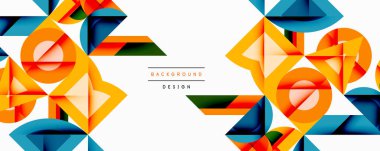 Soyut geometrik şekiller, canlı renkler, modern tasarım. Turuncu, mavi, sarı elementler dinamik bileşim oluşturur. Temiz, minimalist estetik.