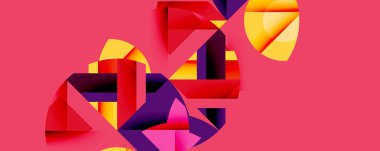 Soyut geometrik şekiller örtüşür ve canlı bir bileşim yaratır. Kırmızı, mor, sarı renkler pembe arkaplana hakim. Modern tasarım.