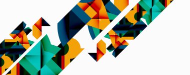 Soyut geometrik şekiller, canlı renkler, dinamik bileşim. Çapraz çizgiler görsel ilgi yaratıyor, modern tasarım estetik.