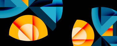 Soyut geometrik şekiller kompozisyona hükmediyor. Mavi, turuncu renkler harmanlanarak, dinamik görsel ilgi yaratıyor. Modern tasarım elemanları.