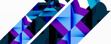 Soyut geometrik şekiller, canlı maviler, morlar kompozisyona hakim. Çapraz çizgi katmanlı formları keser. Modern tasarım.