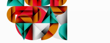 Soyut geometrik bileşim. Şekiller örtüşüyor, dinamik görsel ilgi yaratıyor. Renkler kırmızı, deniz mavisi, turuncu, beyaz. Modern tasarım.