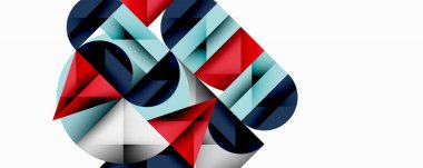 Soyut geometrik şekiller örtüşür, dinamik bileşim yaratır. Kırmızı, mavi, açık mavi renkler beyaz arkaplana hükmediyor. Modern tasarım.