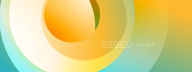 Soyut katmanlar canlı bir eğim yaratır. Dairesel şekiller turuncu, sarı ve turkuaz renkleri harmanlıyor. Modern tasarım sıcaklığı ve enerjiyi çağrıştırıyor.