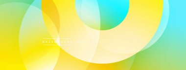 Soyut renkli arkaplan. Üst üste binen çemberler canlı gradyanlar yaratır. Sarı, yeşil, mavi renkli modern tasarım. Sorunsuz geçişler.