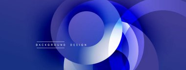 Soyut mavi tasarım, üst üste binen daireler. Gradyan gölgeler derinlik yaratır, modern estetik. Metin arkaplan tasarımı okur.