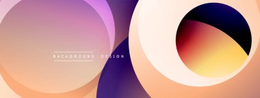 Soyut çemberler çakışıyor, renk değişimleri yaratıyor. Şeftali, mor, mavi renkler dizaynda baskın. Minimalist arkaplan dokusu mevcut.