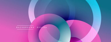 Soyut çemberler çakışıyor, canlı gradyanlar yaratıyor. Pembe, mor, mavi renkler kusursuz bir şekilde harmanlanır. Arka planlar için modern tasarım ögesi.