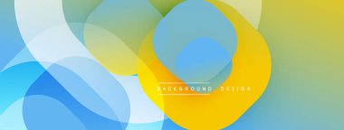 Soyut sıvı şekilleri kesişir. Renkler mavi, sarılar, beyazlar. Modern tasarım hareketi, enerjiyi, pozitifliği çağrıştırıyor. Minimalist estetik.