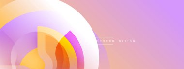 Soyut renkli çemberler örtüşüyor ve canlı bir değişim etkisi yaratıyor. Pembe arka plan tasarım elementlerini tamamlar. Modern estetik.