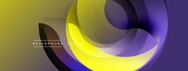Soyut tasarım özellikleri üst üste binen renkli şekiller. Sarı, mor, siyah gradyanlar dinamik görsel efekt yaratır. Modern arkaplan dokusu.
