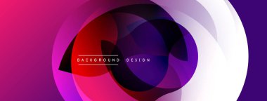 Soyut dinamik katmanlar canlı ve modern tasarım yaratır. Üst üste binen daireler sıvı bileşimi oluşturur, mor renkler baskın gelir..