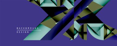 Soyut geometrik bileşim. Üst üste binen çokgenler dinamik görsel efekt yaratır. Koyu mor arka plan, deniz mavisi, zeytin ve altın rengi gölgelerle çelişiyor. Modern tasarım ögesi.