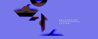 Soyut geometrik şekiller mor arkaplanla örtüşür. Koyu kahverengi elementler, dinamik görsel kontrastlar yaratan mavi renklere sahiptir. Minimalist tasarım biçimi, rengi vurgular.