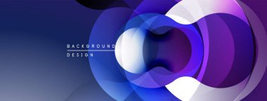 Soyut tasarım özellikleri üst üste binen daireler, gradyanlar. Mor, mavi renkler kompozisyona hakim. Modern estetik, temiz çizgiler sunar.