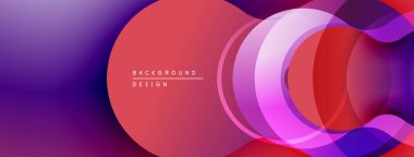 Soyut tasarım özellikleri üst üste binen daireler, gradyanlar. Mor, pembe, kırmızı renkler dinamik görsel efekt yaratır. Modern arkaplan ögesi.