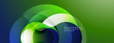 Soyut tasarım özellikleri üst üste binen daireler, gradyanlar. Yeşil, mavi renkler kompozisyona hakim. Modern estetik, pürüzsüz geçişler sunar.
