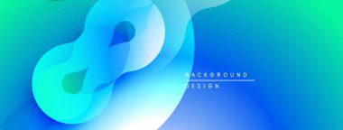 Soyut sıvı şekilleri, canlı mavi-yeşil gradyan. Modern tasarım, düz kıvrımlar, dinamik kompozisyon. Projeler için mükemmel arkaplan.